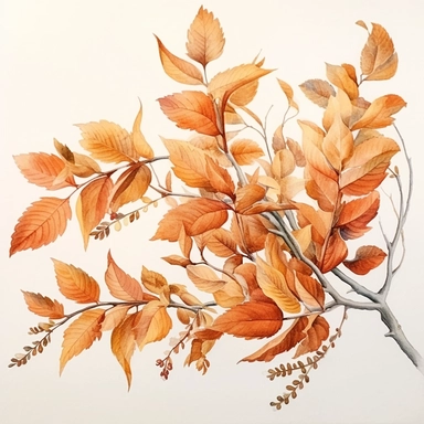 watercolor, hyper realistic, white background, white margins, 16k, ultra detailed clipart, cut out image, hand-drawn a branch with several leaves in different stages of falling, displaying a mix of warm tones like terracotta, ochre, and sienna.