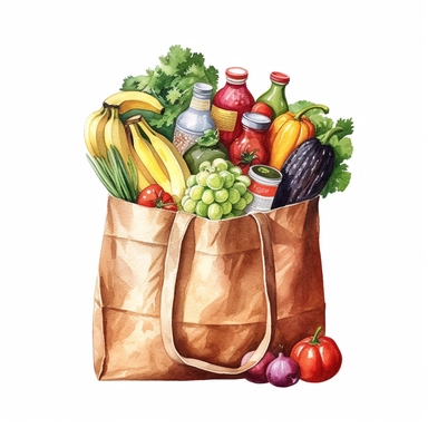 watercolor detailed illustration of Grocery bag with a variety of groceries peeking out, clipart, white background