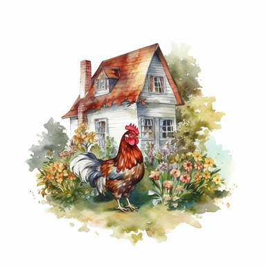 Small Farm house for Chicken Sitting over leaves and Flowers Surrounded,Isolated,Watercolor Clipart,White Background
