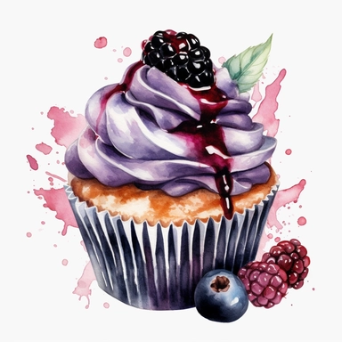 watercolor black berry cupcake clipart, hd
