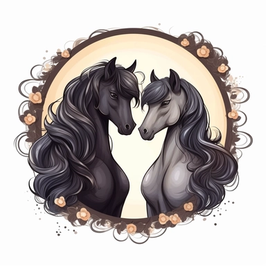 Cartoon black horse couple love portrait frame clipart, anime, high detail, illustration style, high solution, on the white background