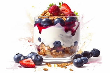 Blueberry yogurt parfait with layers of yogurt, granola, and fresh berries Clipart art, hd, art, on white background, spaced out