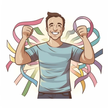 cartoonish clipart of a single cancer ribbon that contains all the different colors associated with different types of cancer. a middle-aged man with hair and neutral skintone in a white tee and jeans stands in front with his arms open with a relaxed smile on his face