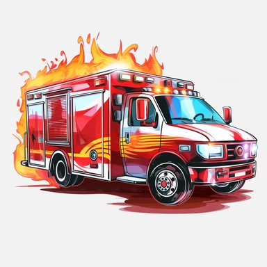 clipart, red and white type 3 ambulance, red lights, flames, transparent background