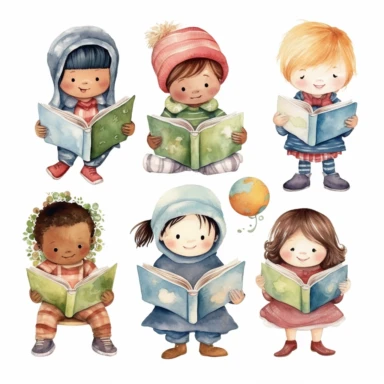 Many different nationality Cute little children reading a book, folk art, watercolor, clipart elements, kawaii, white background