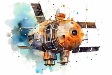 Watercolor, Design an image depicting a technology demonstration satellite testing innovative technologies in space clipart, hd, on a white background, spaced out