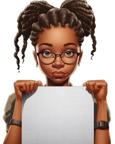 Cartoon Clipart braided hair girl holding a blank blank background, Norman Rockwell african american girl hold paper poster in city, in the style of hyper-realistic portraits, soft edges, advertising-inspired, dark white, realistic, natural fibers, captivating gaze