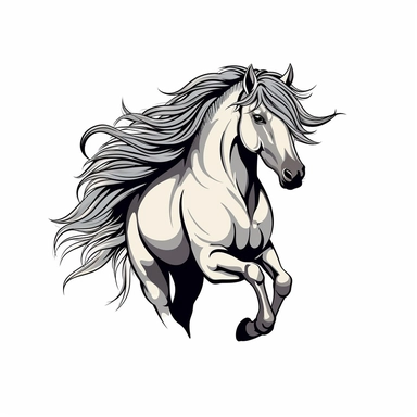 Clip Art, 2d, Flat Vector, SILVER ARABIAN Breed Horse With BLACK Extremely long thick Mane LOGO on White Background, NO TEXT, NO WATERMARK,