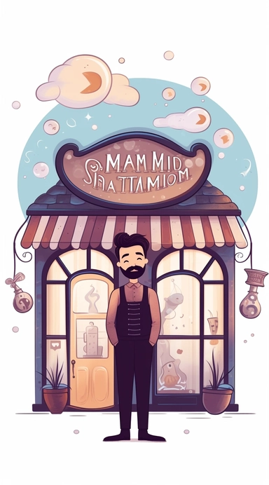 Charming store logo, cozy dreams, whimsical, male character at a storefront. A charming storefront logo featuring a whimsical male character with a cozy dream bubble above his head, inviting customers to enter a magical world of imagination and wonder. Clipart graphic, vector, contour, white-background