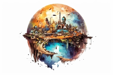 Watercolor, Design a planet with a city built entirely underground, hidden from view clipart, hd, on a white background, spaced out