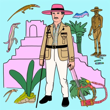 a set of black line clipart inspired by Wes Anderson and Raiders of the Lost Ark and travel and colonialism and David Chang and stolen cultural relics and cooking and eating and 1980s action figures