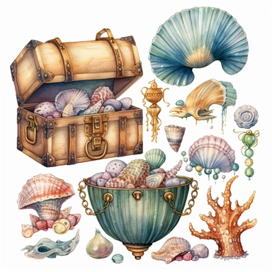 watercolor clipart mermaid clipart , jewels, treasure chest, pearls , shells with pearls, cute fish, seaweed , cartoon detailed