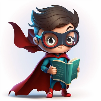 full body happy, smiley and cute little superhero boy with eye mask and cape, looking directly at the camera, with a book in his hand, in clipart style, c20