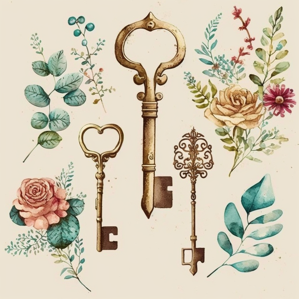 Watercolor Vintage Keys Clipart, PNG