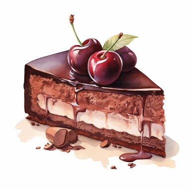 This highly detailed watercolor clipart features a decadent, slice of chocolate cheesecake adorned with succulent cherries, set against a pristine white background. The artwork showcases the intricacy of the dessert, capturing the richness of the chocolate and the velvety texture of the cheesecake. The graham cracker crust is meticulously painted, providing a sturdy and delicious base. Plump cherries are artfully arranged on top, their deep red color and glossy sheen adding a pop of vibrancy. Ag