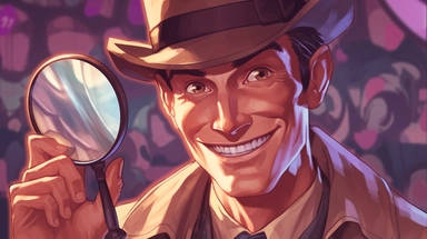 A mischievous grinning detective holding a magnifying glass in hand. In the background, there are pictures and notes indicating the theft of ideas. A close-up of the detective's face, showing a sly smile and a twinkle in their eye. The detective wears a classic trench coat and a fedora, exuding an air of mystery and intelligence. The magnifying glass is held up to their eye, emphasizing their role as a keen observer. The images and notes in the background are scattered on a cluttered desk, sugge