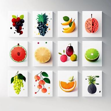 a series of digital illustrations that showcase a variety of exotic fruits in a modern and stylish way. The illustrations are set against a clean, white background, which makes the colors of the fruits stand out and gives the clipart a fresh and contemporary feel. The clipart can be arranged and framed in a variety of ways, depending on your preference and the size of your kitchen wall. The fruits themselves are rendered in a minimalist and abstract style, with bold, simple shapes that emphasize