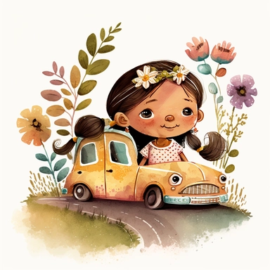 watercolor clipart, A yellow car racing down a country road with a family inside, a 6-year-old child and the parents, motion, magical stories coming out of the windows, illustration story book style for children