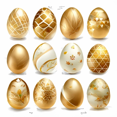 set 12 easter golden eggs white background, clipart