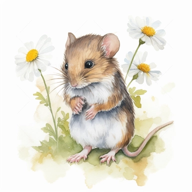 a little field mouse, standing up, holding a daisy flower, watercolor, clipart, white background
