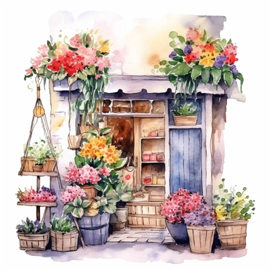 Clipart, watercolor, white background: A flower shop with a charming wooden sign and hanging baskets overflowing with vibrant blooms, creating an inviting and cheerful atmosphere.