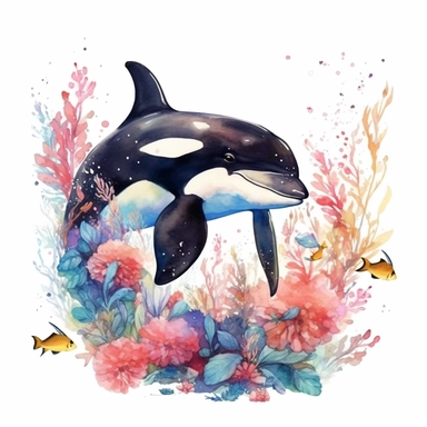 watercolor orca whale playing with fishes seabed, flowers real clipart on white background