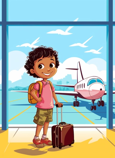little mixed boy clipart explorer clipper clipart boy explorer, at the airport terminal looking at the airplanes through the window, in the style of modern day casual dress style for babies, use of a map of the world, a passport and luggage, lightbox, soggy, pattachitra, associated press photo, primitive structures