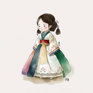 a cute little girl is wearing Korea traditional dress Hanbok. watercolor clipart, the skirt layers are designed to create a full and flowing silhouette, rainbow color jacket, The jacket worn by women in the royal family has long sleeves that are wide and flowing. The sleeves are often decorated with intricate embroidery and other embellishments.he hanbok worn by the royal family features bright and bold colors, such as red, yellow, green, and blue. The colors are often used in intricate patterns