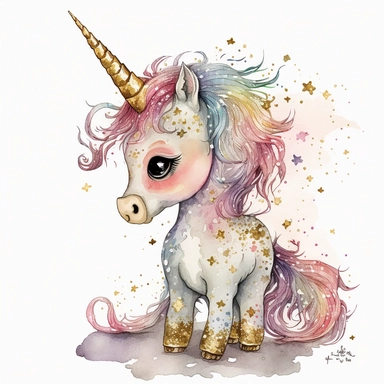 fantasy baby unicorn, clipart watercolor illustration, aquarallist, cute, big eyes, pretty pink, unicorncore, fairycore, free brushwork, watercolor, light and bright, four legs, gold horn, sparkle, skarklecore, detailed, isolated on a white background,