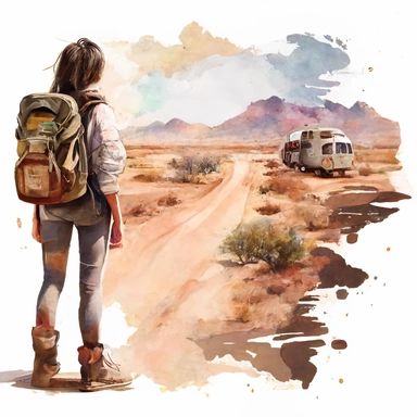 Beautiful travel themed design. Young girl with backpack looking at the landscape. Road illustration. Camping concept clipart. on a white background, watercolor, hyperrealism, high detail, separate elements, set