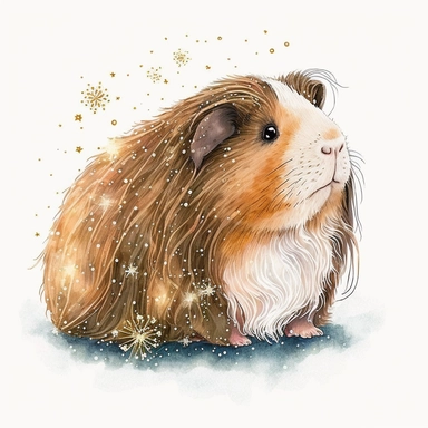 happy long haired guinea pig at Christmas time, cartoon, glitter, stars, snowflakes, watercolor, white background, clipart