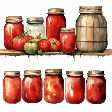 tomato mason jar watercolor clipart & clip art, in the style of light red and dark gray, narrative paneling, classic american cars, uhd image, hand lettering, depiction of rural life, wood