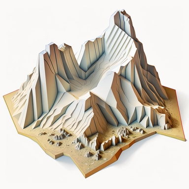 enamel 3D isometric badlands mountains fort, ukiyo-e clipart illustration, white background