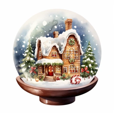 watercolor Clipart of christmas snow globe with gigerbread house, white background, detailed, 8k, high resolution