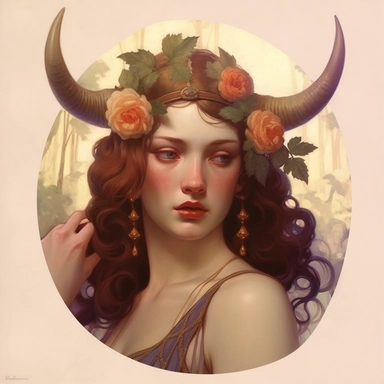 Taurus zodiac sign as fantasy girl with nose ring and earnings, and brown hair, Watercolor Zodiac Sign Clipart Astrology medea, Goddess of taurus, jasons golden fleece, ram horns, dragon, Medea, roses,
