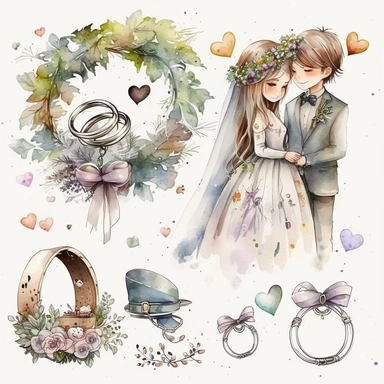 wedding rings tied with a ribbon , cute wedding illustrations clipart set, ILLUSTRATIONS FOR THE BOOK, cartoon elements, different variants, girl with long hair in a wedding veil, wedding, husband and wife Love , Hearts balloons , veil, garland, wooden elements, sit on a bench , on the car, white transparent background separate elements with a margin Watercolor