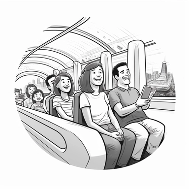 back and white clipart of a family riding the monorail, white background, white fill, black line, cute cartoon Pixar style