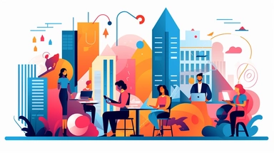 Clipart scene of an office staff working together, Alegria style, corporate memphis style, flat art, bold colors, upbeat, happy, friendly, high resolution, 8k