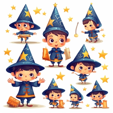 Fred the little wizard, a little wizard character, multiple cute poses and cute expressions, children's book illustration style clipart frame, simple, cute, full colour, royal blue pointy wizard hat, royal blue robe with yellow star patterns, black shoes, royal blue clothes, reddish brown unkempt hair, flat colour,