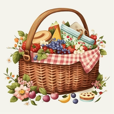 pretty picnic basket, white background, cartoon style, painted, clipart