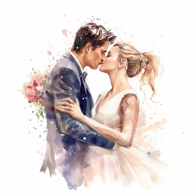 A close-up portrait capturing the magical moment of the newlywed couple's first kiss. The bride, radiating joy and beauty in her elegant white gown, and the groom, looking dashing in his stylish suit, share a tender and passionate kiss. Love fills the air as they embark on their journey together. Watercolor clipart, white background, intricate details, hyper-realistic