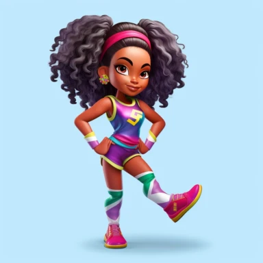 clipart, digital doll, popular, gorgeous black girl superhero, long wavy ponytail, girl character that loves having fun, cheerleading, dance, art, gym shoes, cool kid, vibrant colors, popular art style, cultural value, 8k, intricately drawn and rendered, — v5