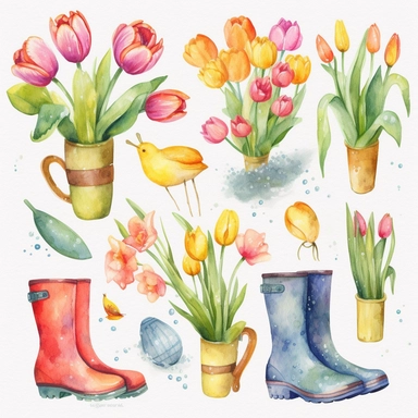 Watercolor Spring Clipart, Spring Clip Art, Flowers, Spring, Rainboot, Bird, Umbrella, Bicycle, Gardening, Tulips, Watercolour Clip Art