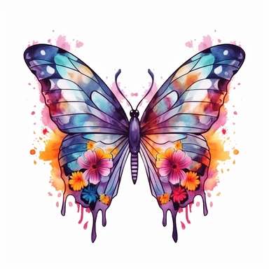 Beautiful colorful butterfly on flowers, summer vibes, hand drawing digital art, clean design, clean art, sublimation, colorful, watercolor style, white background, 4K, extremely detailed, clipart