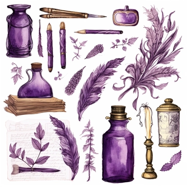 vintage purple clipart set handwriting on white background