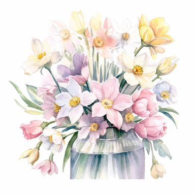 A charming clipart of a bouquet of fresh spring flowers on a white background, painted in delicate watercolors and pastel tones. The bouquet is filled with a variety of spring flowers such as tulips, daffodils, and cherry blossoms. Each flower is beautifully detailed, with soft color tones that blend harmoniously into the overall image. The pastel tones evoke a sense of freshness and rebirth associated with spring, making this image perfect for any design project that calls for a touch of nature