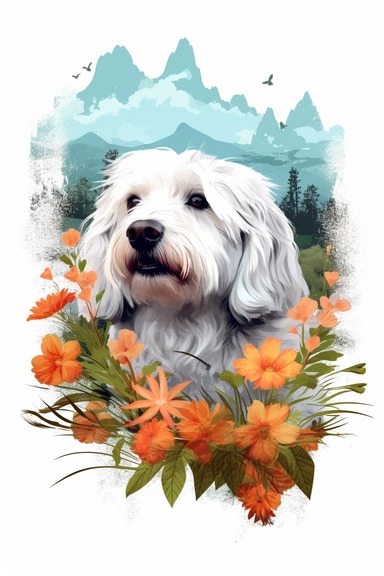 white background, dog, 3d, super closeup, sticker, photorealistic, artwork of t shirt graphic of majestic forest, in digital painting style , beautiful flowers, sunset mountains and clouds , big vines, plants sorround, highly detailed clean, vector image,