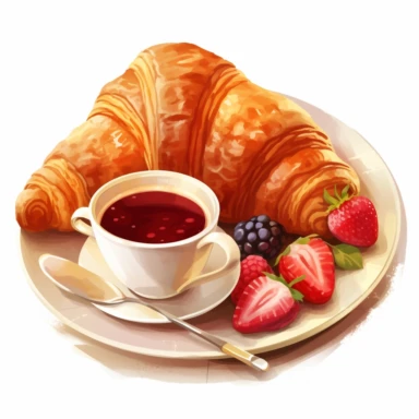 clipart crispy french croissants, visible butter, strawberry jam and a cup of coffee