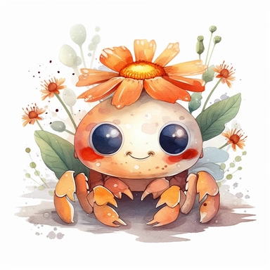a moving baby crab with cute big eyes, happy smiling face, cute animal, adorable, playful atitude, astrology, adorable watercolor animal clipart with a few plant and flowers decor, no background, high quality very sharp with clear focus
