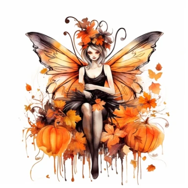 watercolor style Halloween fairy, clipart, large orange,wings, black white stripes, pumpkin, isolated on white background, in the style of Amy Brown, beautiful fall floral, bright color, crisp lines, chaos 8